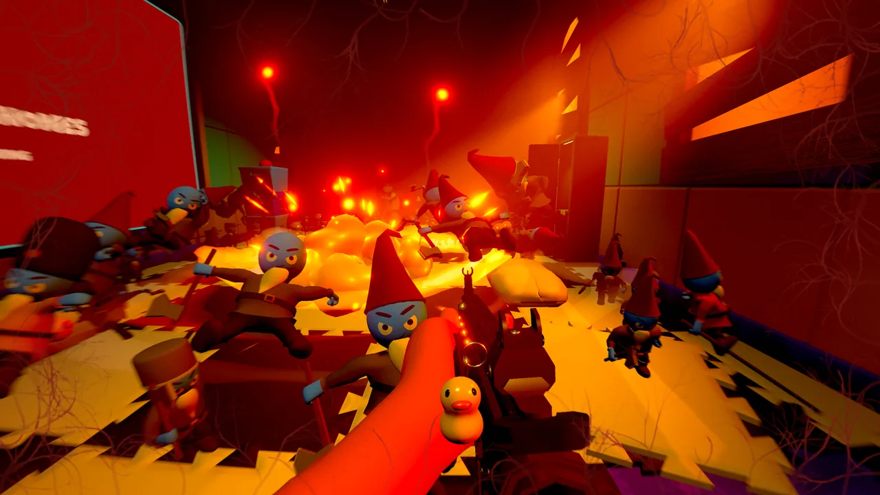 Gnomes in pointed red hats charge and fly through a red-lit room full of explosions, seen over a player's rifle with a rubber duck charm