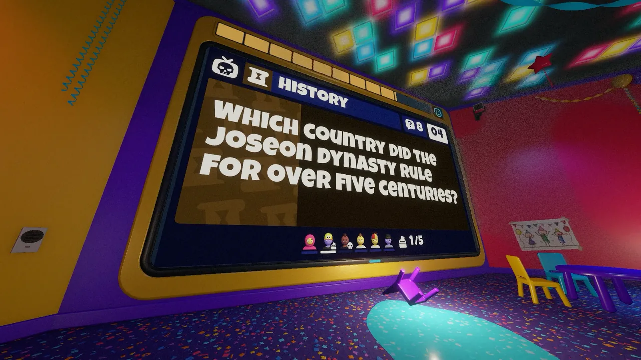 A History question on the big monitor of a party room: Which country did the Joseon dynasty rule for over five centuries?